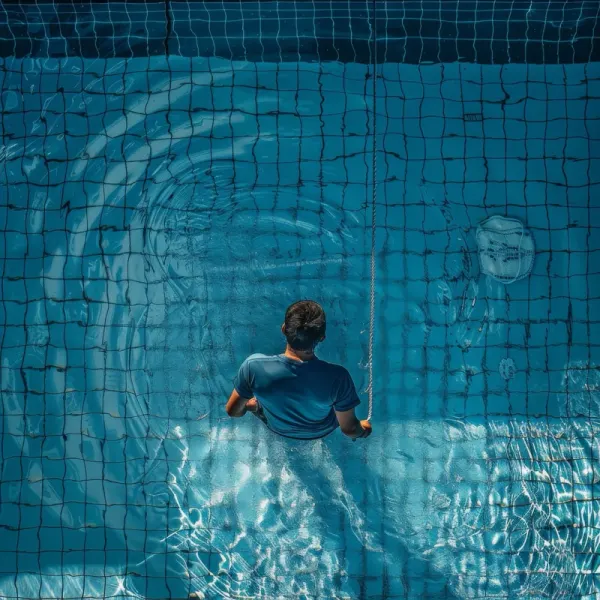 Pool maintenance technician in blue shirt with cleaning equipment servicing a swimming pool.