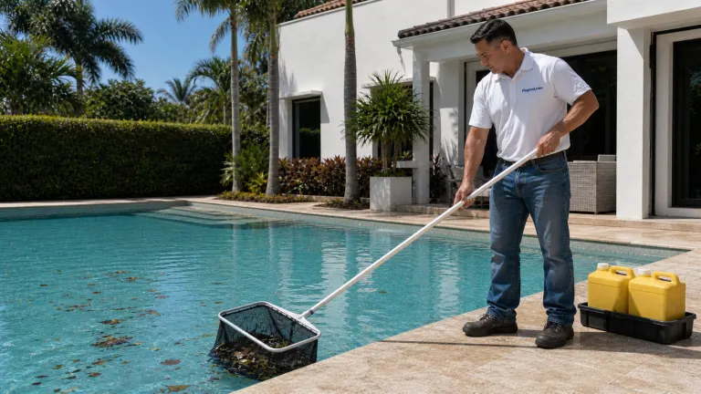 FloPool technician in a white uniform shirt and jeans skimming a residential pool beside service equipment