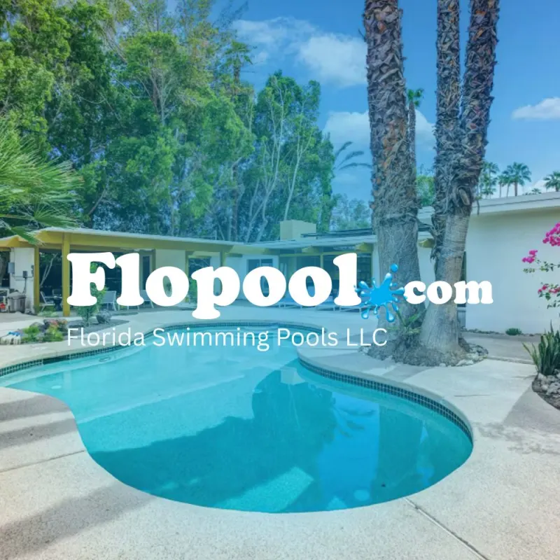 Modern luxury backyard pool with clear turquoise water in South Miami at sunset. CHANGE: Seek a high-end residential Miami pool with tropical landscaping and marble coping.