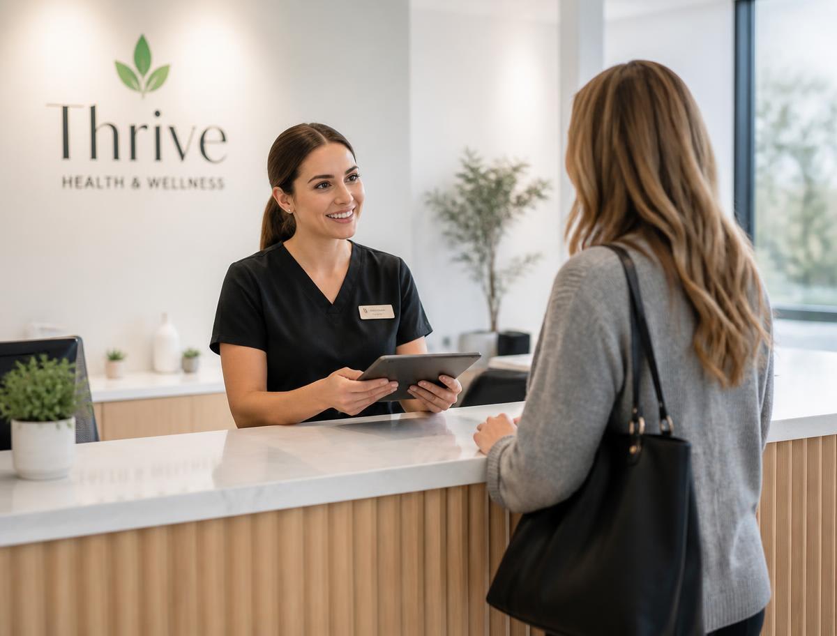 Front desk team at a health and wellness studio welcoming a client