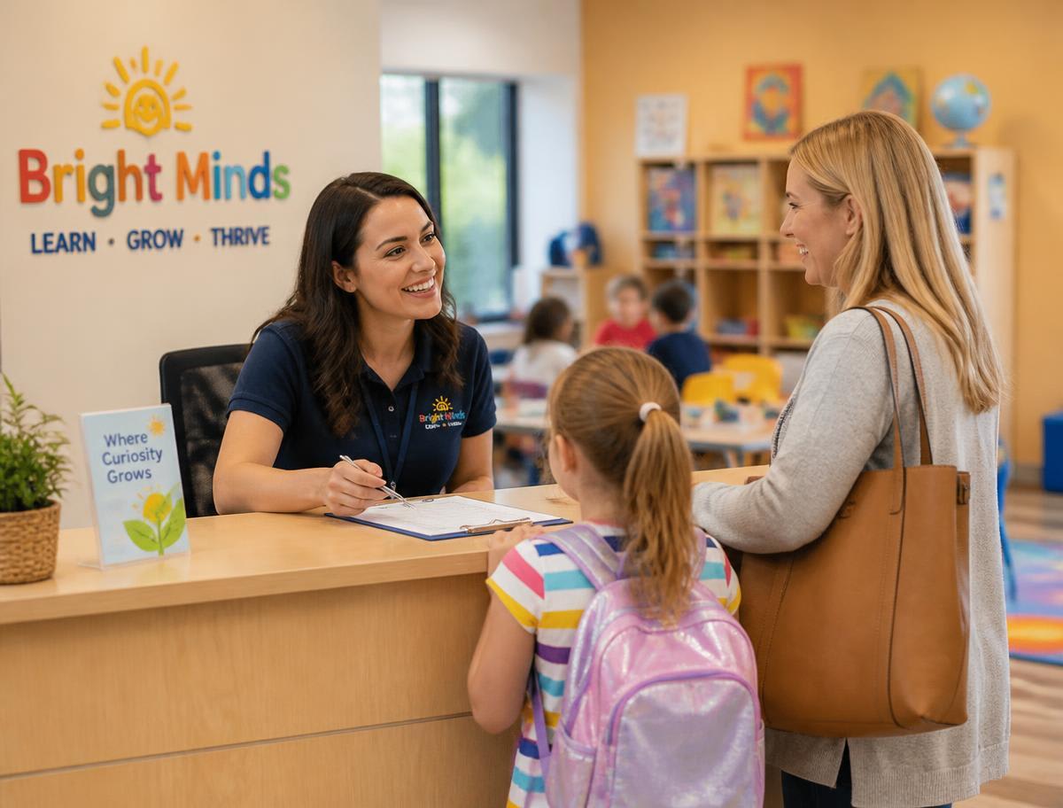 Front desk staff at a youth enrichment center greeting a parent and child