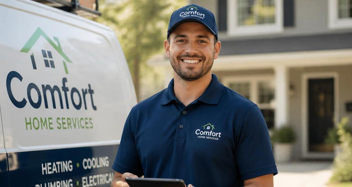 Home services franchise technician with a tablet in front of a branded service van