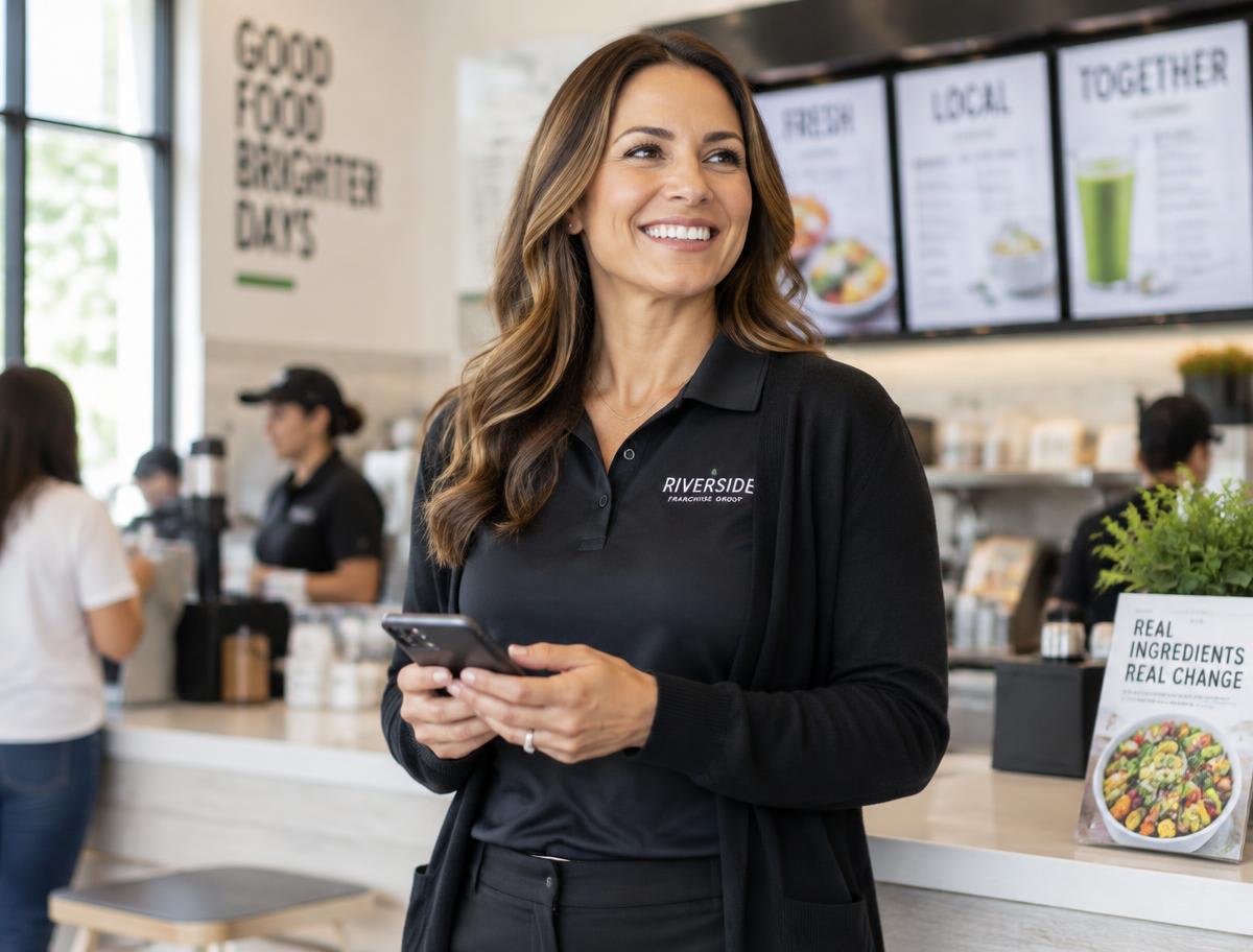 Franchise operations manager on her phone inside a modern franchise storefront