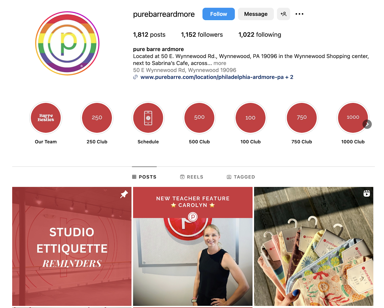 Pure Barre of Ardmore location based Instagram account to promote local events.