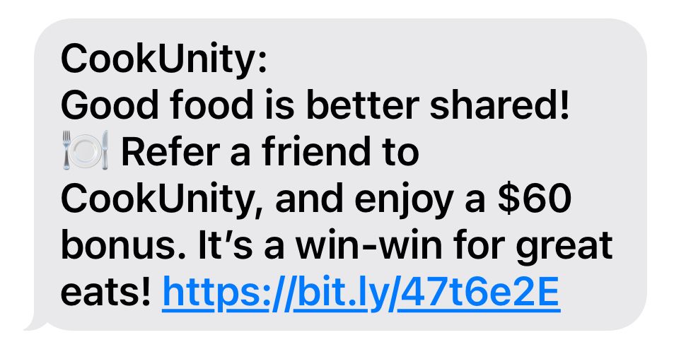 Quick, clear, and compelling—this referral SMS delivers a direct reward, a link, and a reason to share. Three lines is all it takes.