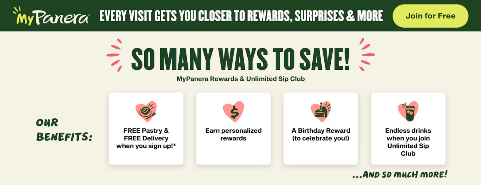 A snapshot of the MyPanera rewards interface, highlighting member-exclusive perks like personalized offers, early access to new items, and tailored dining experiences that incentivize customer loyalty.