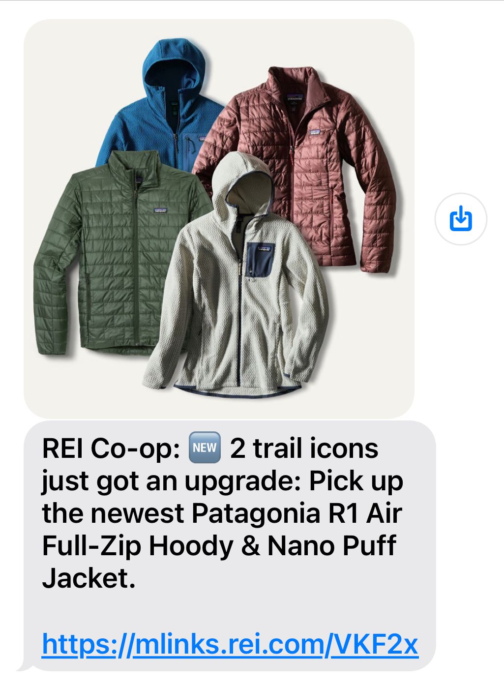REI promotes community via text, inviting subscribers to unlock 20% off a full-price REI Co-op brand item, ensuring high relevance and instant value through mobile engagement.