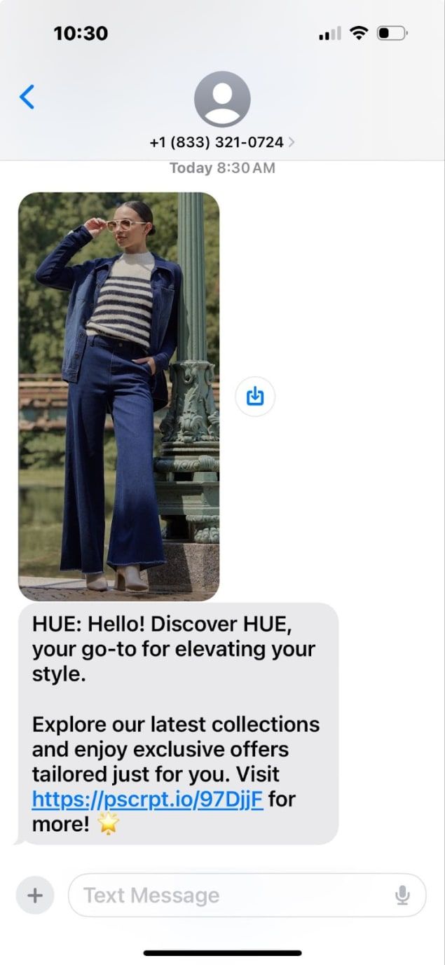 Hue showcases products through aspirational imagery, making their SMS visually engaging.