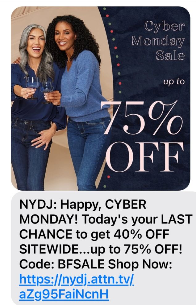 NYDJ’s festive message blends concise copy with graphics to stand out during peak holiday noise.