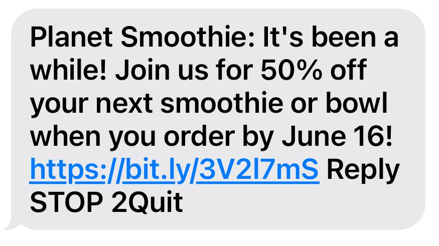 Planet Smoothie reconnects with inactive customers using friendly language and a strong incentive.