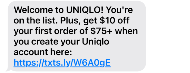UNIQLO nails the welcome message by offering instant value and building excitement for future perks.
