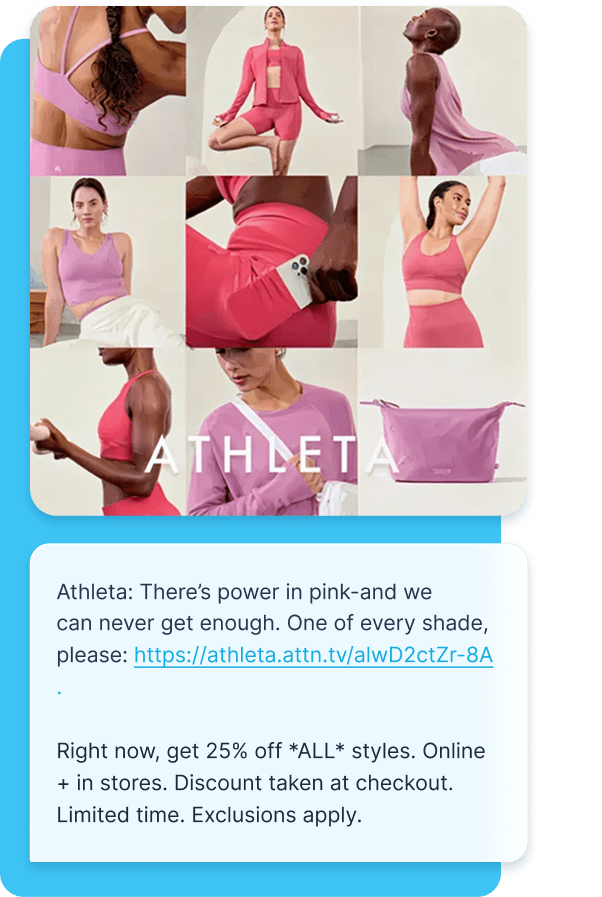 Athleta MMS example that highlights their new pink collection.