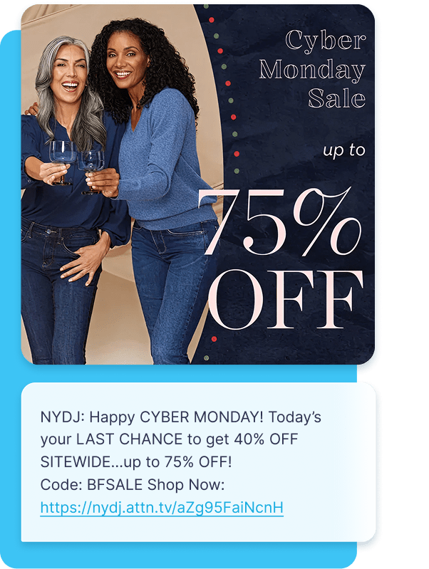 NYDJ’s festive message blends concise copy with graphics to stand out during peak holiday noise.