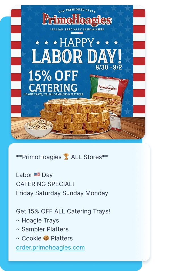 PrimoHoagies uses MMS to highlight catering trays, helping customers visualize portion sizes.