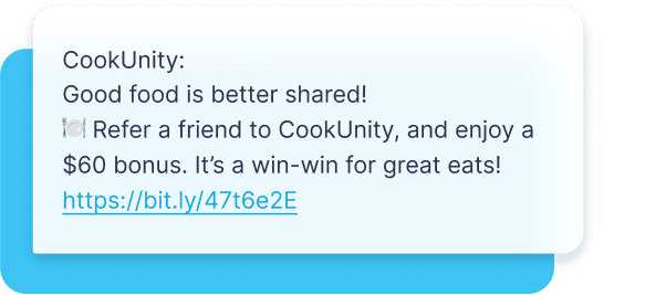 CookUnity encourages referrals with a simple, rewarding text and strategic timing.