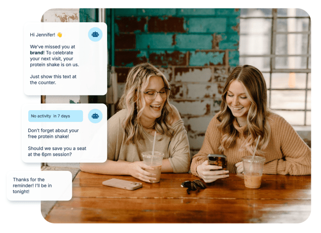 Win-back SMS text drip campaign encouraging a gym member to re-engage in their membership with a protein shake.