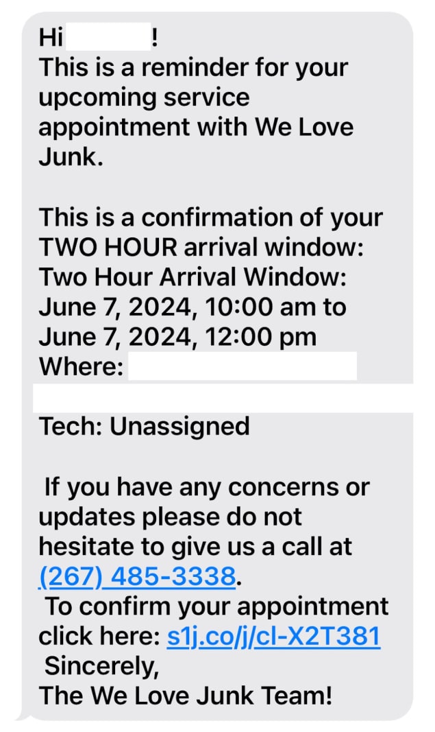 Example of a “morning of” appointment reminder text message.