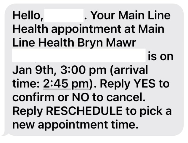 Example of a reminder text message that includes important information like the facility time, date, time, and preferred arrival time.