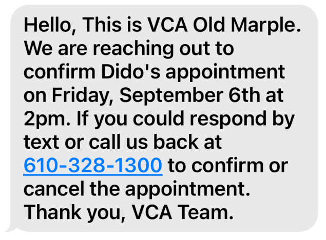 Example appointment reminder text that allows the subscriber to reach out via text or phone call; allowing them to communicate with their preferred method. 