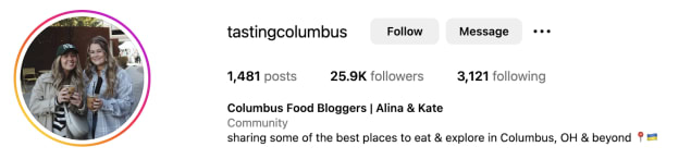 Instagram page of tastingcolumbus