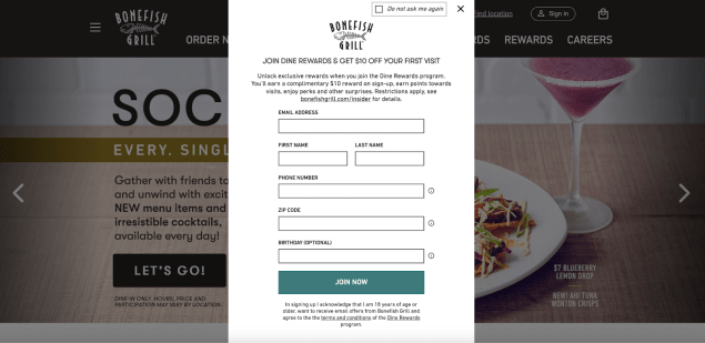 Website pop-up example to track member sign up