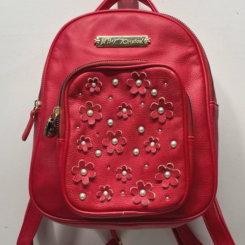 Buy the Betsey Johnson Red Floral Pearl Small Backpack Bag GoodwillFinds