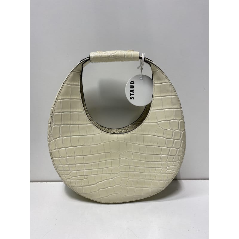 Buy the Staud Moon Bag Croc Embossed White Leather Shoulder Bag GoodwillFinds