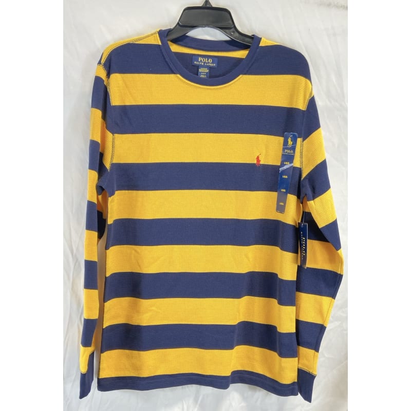 Blue and yellow striped long sleeve shirt best sale