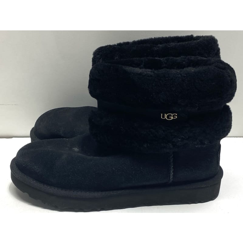 Buy the UGG Suede Leather Fluff Mini Belted Slip On Booties Black 9 GoodwillFinds