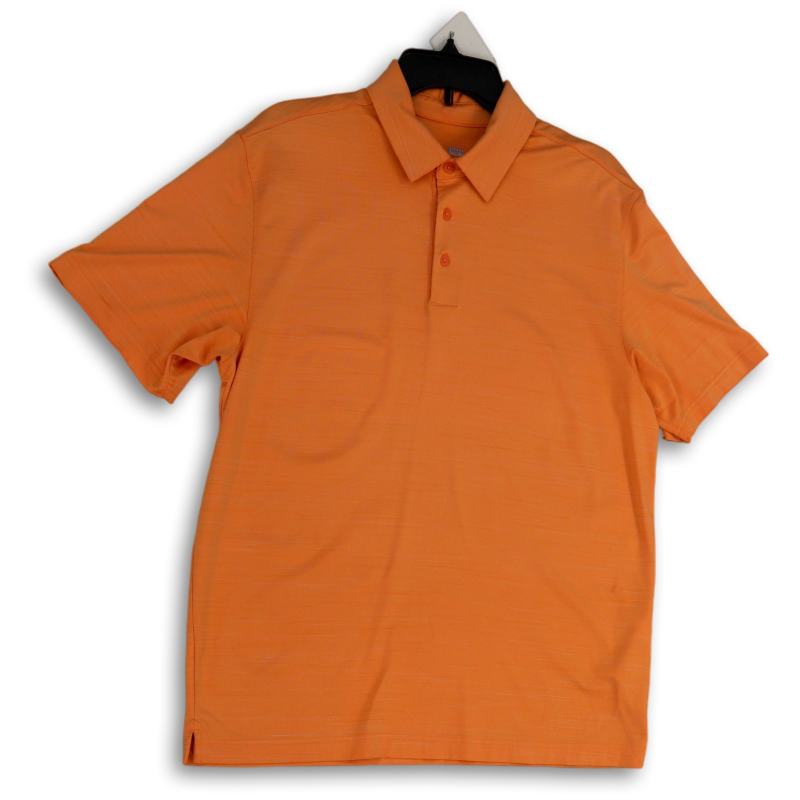 Buy the Mens Orange Short Sleeve Side Slit Collared Button Front Polo Shirt  Size L | GoodwillFinds