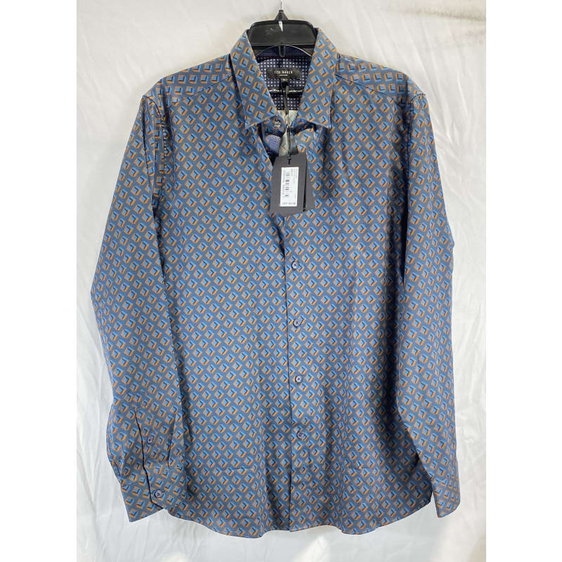 Buy the NWT Ted Baker Mens Navy Blue Geometric Print Cotton Long Sleeve Dress Shirt Sz 5 GoodwillFinds