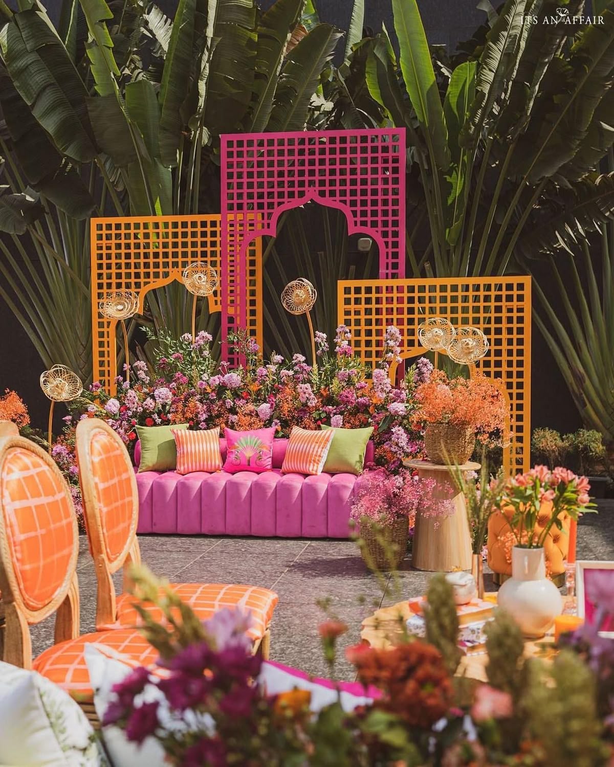 Colorful mehendi ceremony decoration setup