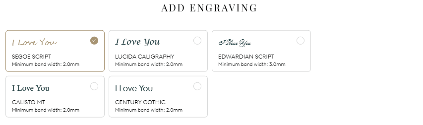 Engraving font options for wedding ring personalisation