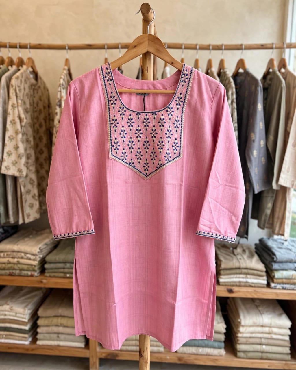 Pink Embroidered Cotton Kurti