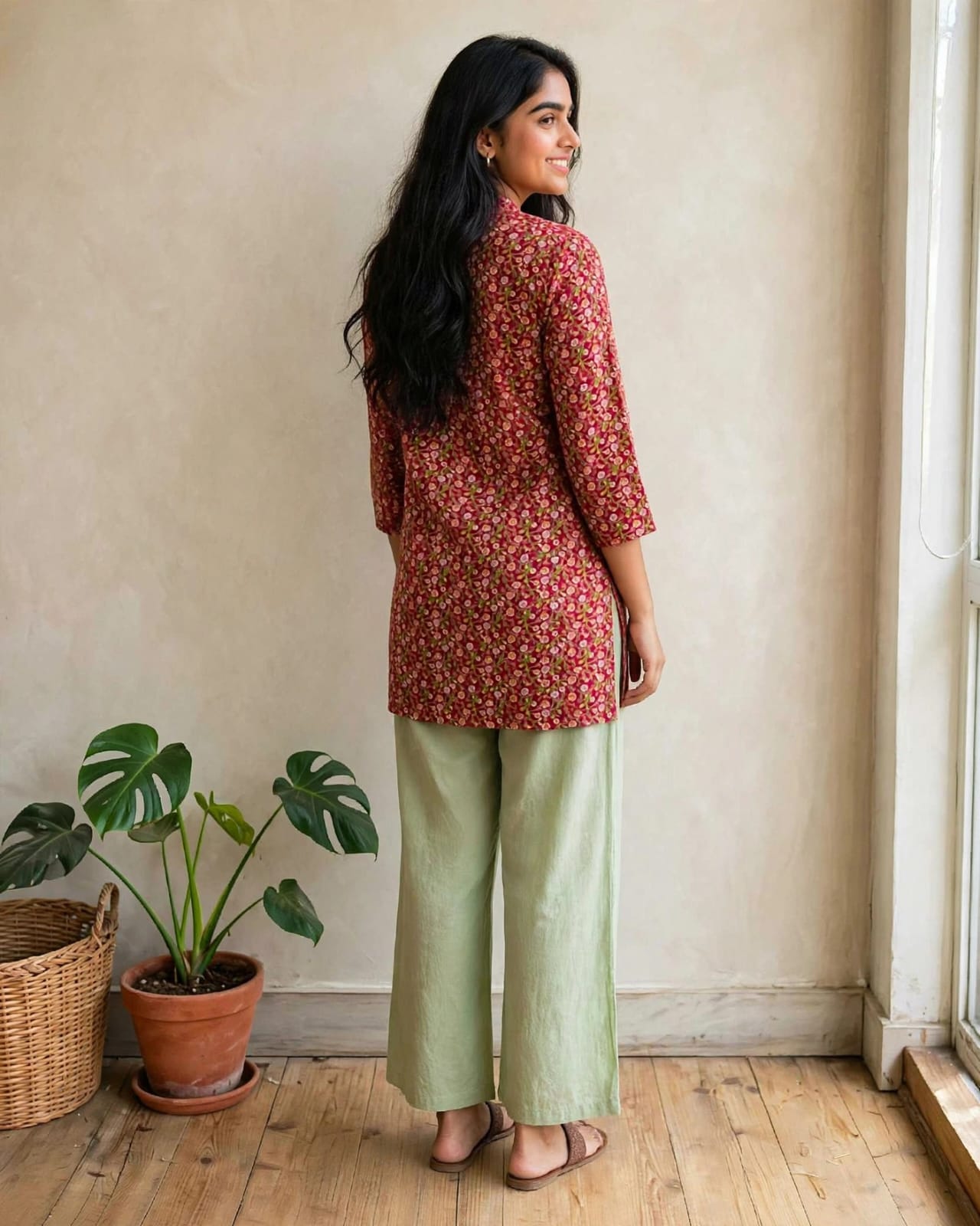 Red Floral Print Cotton Kurti thumbnail 4