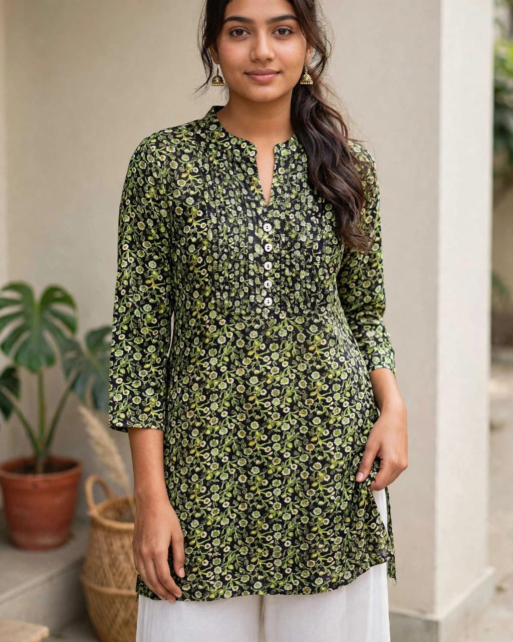 Green Floral Printed Cotton Short Kurti thumbnail 4