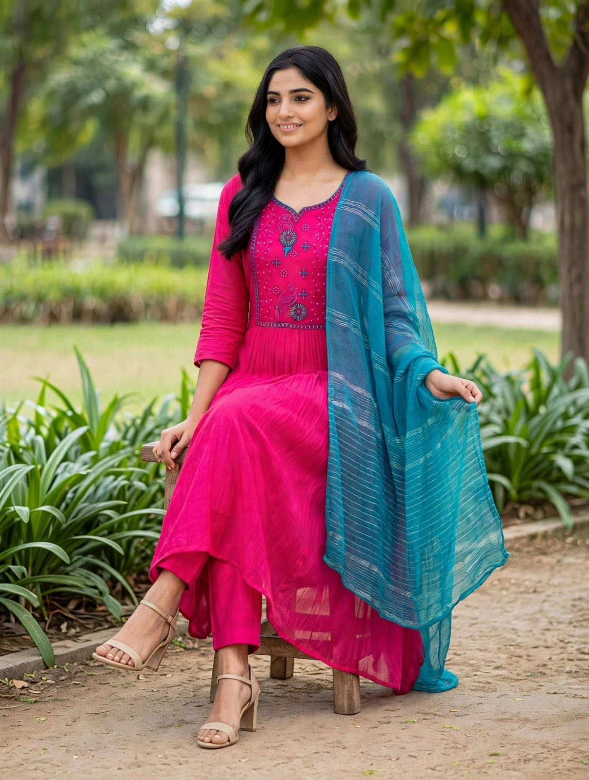 Magenta Pink Flared Kurthi Set With Teal Dupatta thumbnail 2