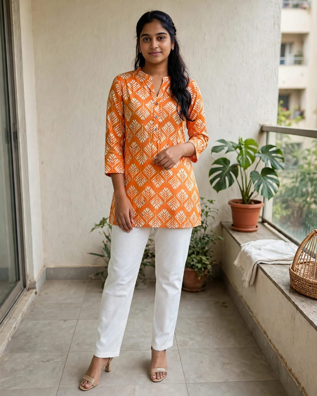 Orange Leaf Print Short Kurti