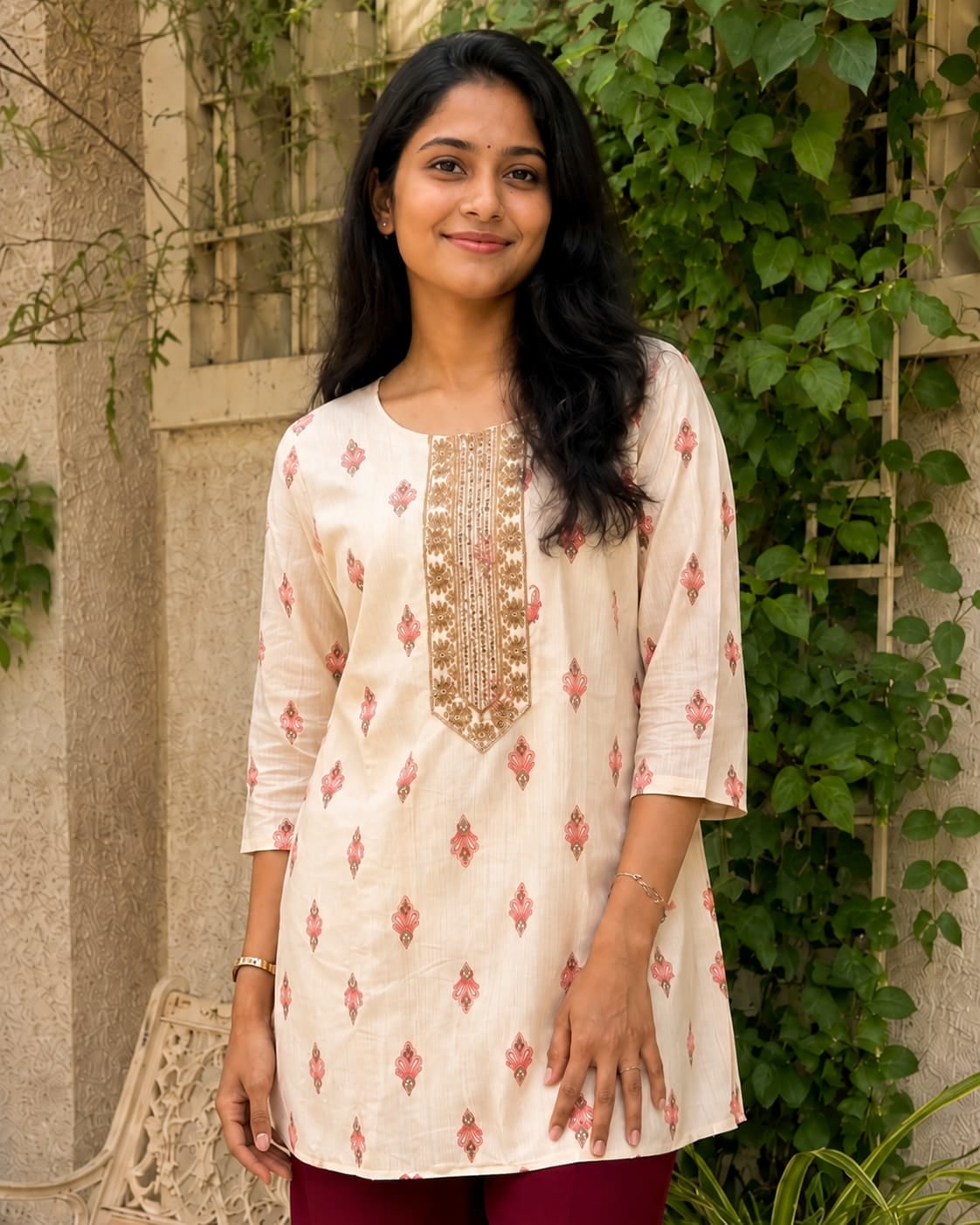 Cream Printed Short Kurta