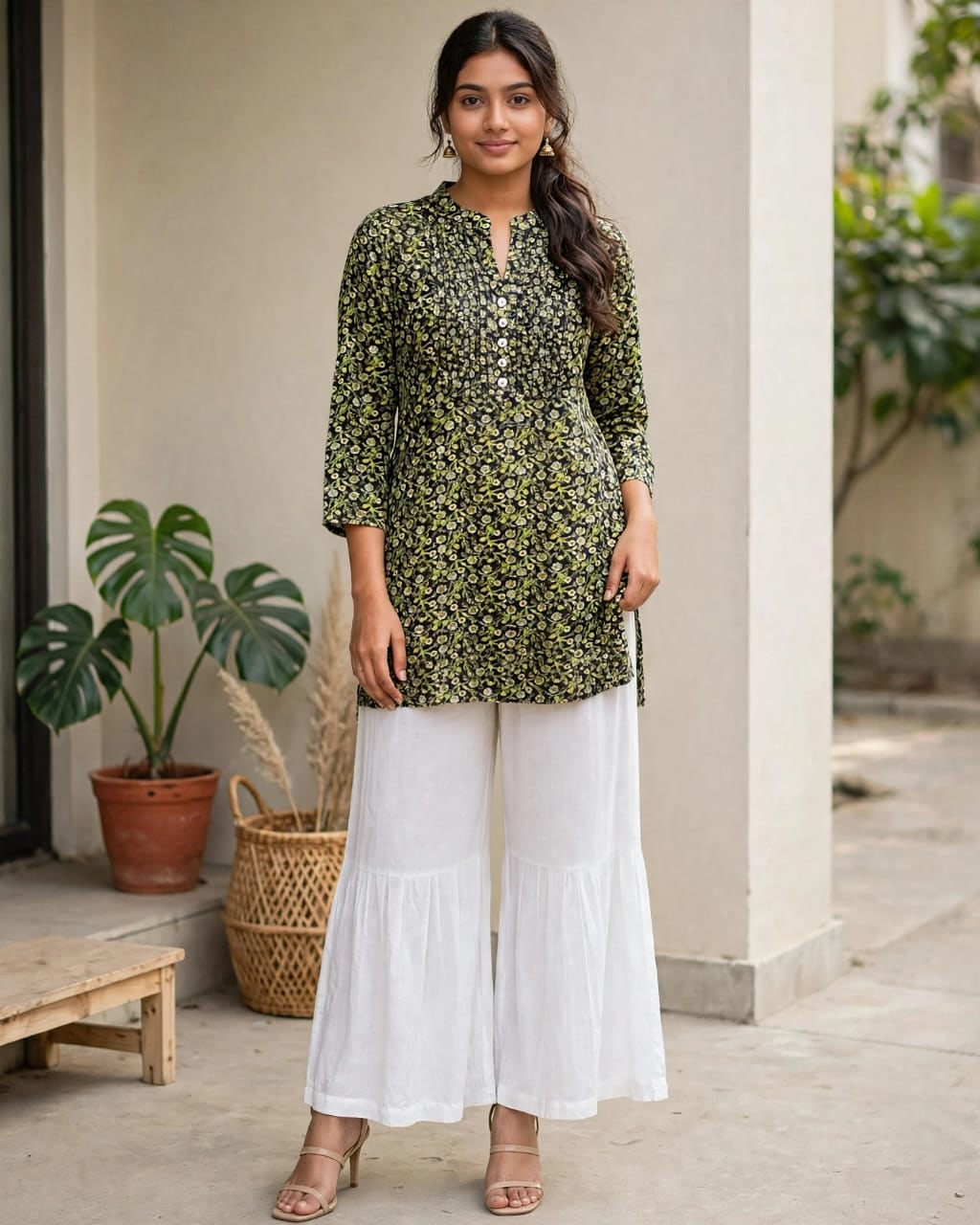 Green Floral Printed Cotton Short Kurti