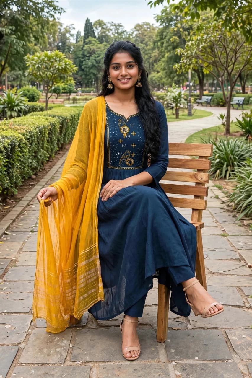 Navy Blue Embroidered Kurti Set