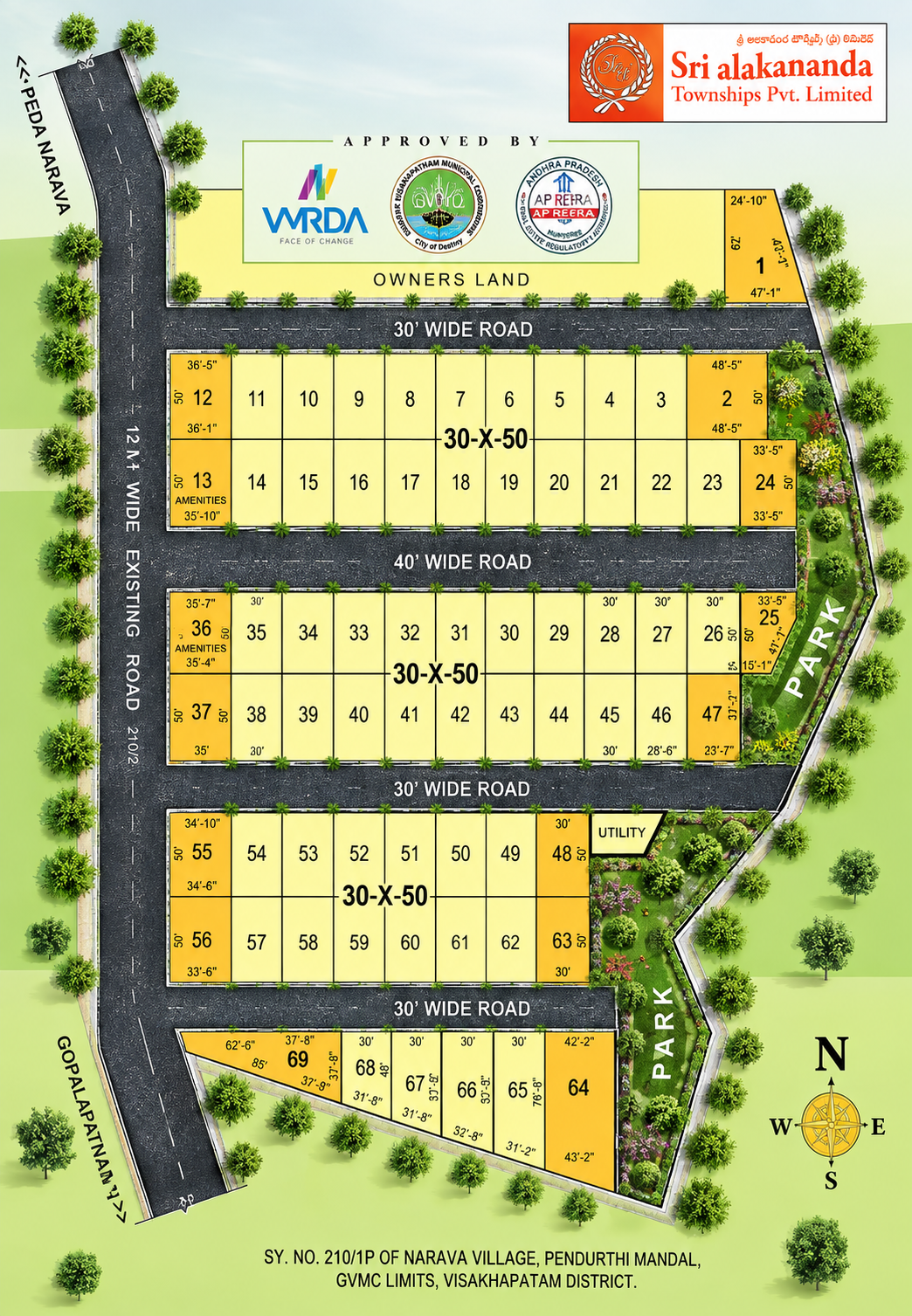 Sri Lakshmi Narasimha Nagar layout plan in Narava — plots 1 to 69, 30 ft and 40 ft internal roads, the 12 m existing road, park and open spaces, and the utility area