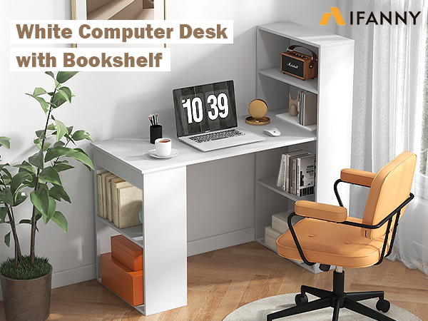 IFANNY White Computer Desk w/Bookshelf, Modern Home Office Desk w/Storage  Shelves & CPU Stand, Space-Saving Design, Compact Corner Computer