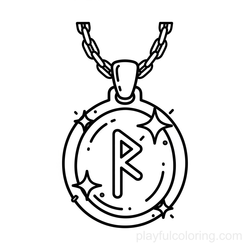 带有符文符号和闪光的护身符吊坠，简单的链条，居中的图标样式。 – Coloring Pages | Playful Coloring