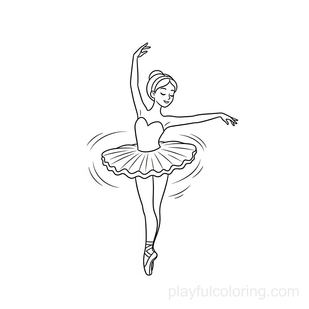Une danseuse de ballet dans une pose arabesque simple avec un contour de tutu, des lignes de mouvement douces, centrées.