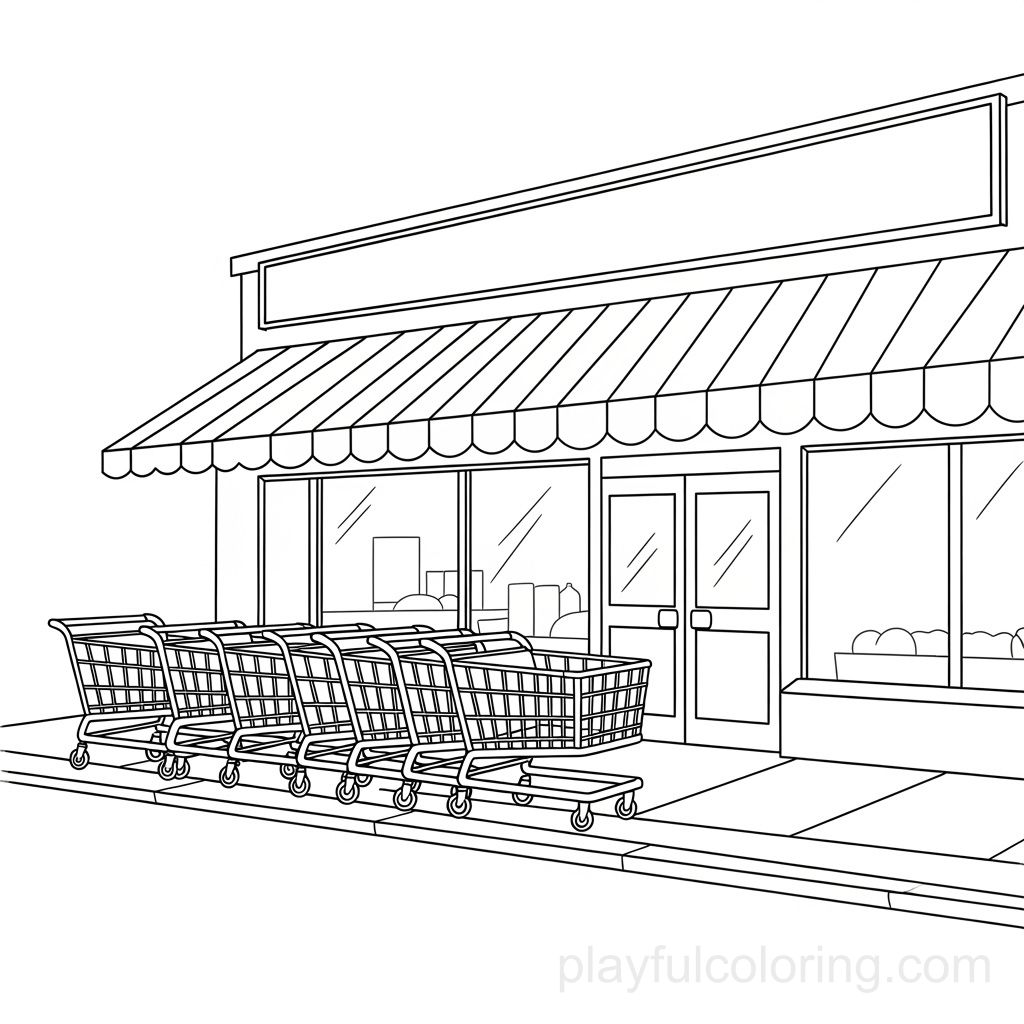 Lebensmittelladen-Front mit Markise und Einkaufswagen-Umriss, freundliche Komposition, ruhige Szene, klare Linien.