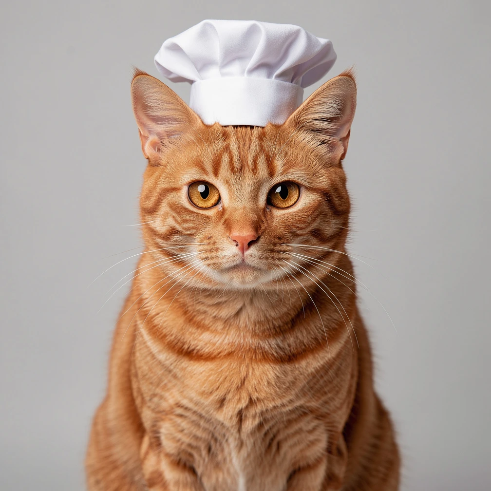 A photorealistic orange tabby cat wearing a tiny chef hat, studio lighting, 85mm portrait
