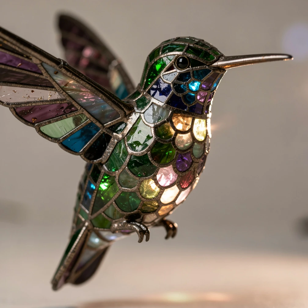 A photorealistic hummingbird made of stained glass, soft studio lighting, 85mm lens, extreme detail