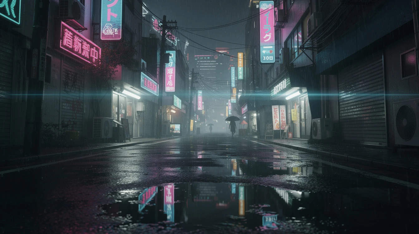 Cyberpunk Tokyo alleyway at night, rain puddles reflecting neon signs, cinematic, anamorphic lens flare