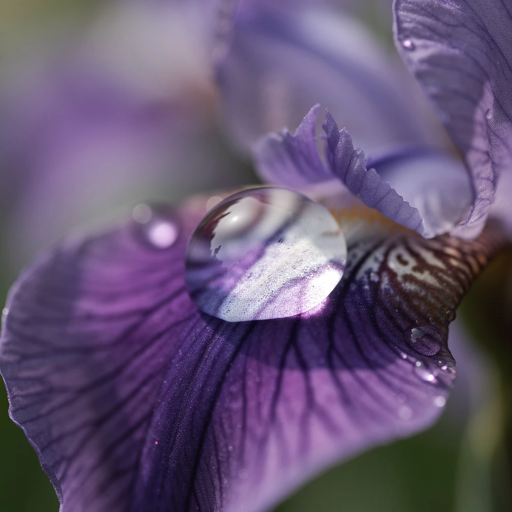 Macro photograph of a single water droplet on a violet iris petal, extreme shallow depth of field, high dynamic range